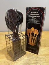 Vtg Brown Melamine Kitchen Utensils Rosti Set of 6 With Metal Rack NOS picture