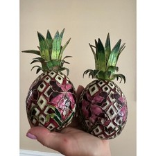 2 Vintage Cloisonné Enameled Pineapple Candlestick Holders Hollywood regency set picture