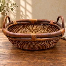 Antique Chinese Willow Rice Grain Basket Vintage Woven Rattan Bentwood Handle picture