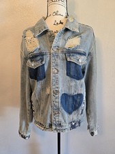 POL Light Blue Aztec Pattern Button-Up Jean Jacket L Women Heart Patch picture