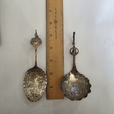 Pair Vintage Dutch Silver Monkey Spoons Figural Handles & Repoussé Scenes picture