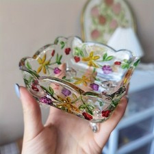 Vintage Glass Salad Bowl With Floral Serving Dish Fruit Bowl Colorful Home Decor picture