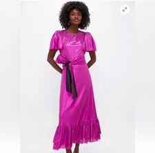 Pomander Place Pink Solid Maxi Dress Long Short Sleeve Round Neck Ruffle Zip M picture