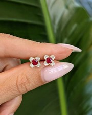 14K Yellow Gold Round Cut 0.99 Ct Natural Ruby & Diamond Wedding Earring Stud picture