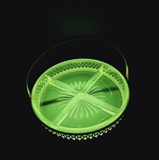 Uranium Depression Glass Divided Vaseline Dish 4 Part Chrome Caddy Vintage 1930s picture