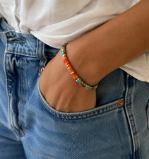 Blue Arizona Turquoise & Orange Spiny Oyster Heishi 4mm Sunset Gemstone Bracelet picture