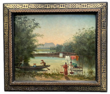 1890 Antique Oil Painting Haiphong Vietnam Tonkin Lach Tray River Sampan Signed picture