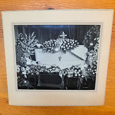 Vintage Post Mortem Photo Open Casket Funeral Scene Flowers Bi-Fold Studio Mount picture