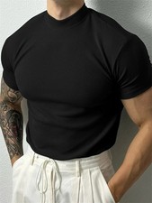 Men's Mock Neck Ribbed T-Shirt Slim Fit Stretchy Muscle Short Sleeve Gym Tee picture
