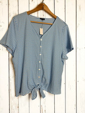 NWT Talbots Women Blue Striped V-Neck Tie Front Blouse Top Size XL Petite Casual picture