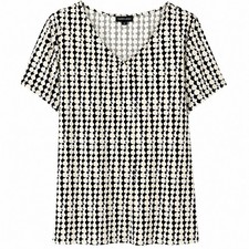 Fashion Bug Women’s Top 2X Black Tan Geometric Dot Pattern V-Neck Shirt Stretch picture