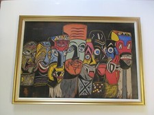 LARGE MID CENTURY MODERN PAINTING CARVING SCULPTURE HEADS TRIBAL MASKS HEADS picture