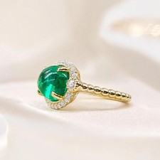 Natural Zambian Emerald Cabochon Ring 14k Solid Gold  Emerald Diamond Ring picture