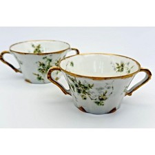 Theodore Haviland Limoges Flat Bouillon Cup Set 2 Green Roses 150B Bowls France picture