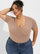 Torrid Plus 1X Soft Pointelle V-Neck Sweater Short Sleeve Pullover Taupe NWT picture
