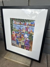 Children At Christmas Watercolor Painting  Toy Store Window Framed 14” X 16” picture