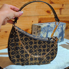GUESS DarkBrown/Tan Logo Crescent Shoulder Bag Zip Top Gold Chain Charm picture