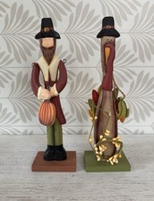 Primitive Wooden Pilgrim & Turkey Figurines Set of 2 Thanksgiving Decor picture