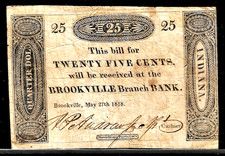 May 27, 1818 Brookeville State Bank Indiana Bank of Vincennes 25 Cents Obsolete picture
