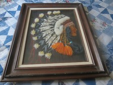 80's Vintage Indian Chief Native American Needlepoint Framed Artwork picture