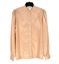 VTG VICKI Peach Satin EYELET FLORAL COLLAR Button-Up SECRETARY BLOUSE/TOP Sz 10 picture