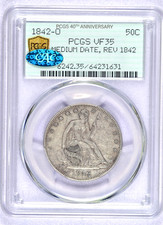 1842-O SEATED LIBERTY HALF DOLLAR PCGS VF35 CAC MED DATE REV 42 LOOKS XF picture