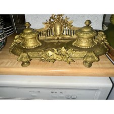 ANTIQUE 19TH CENTURY FRENCH BRASS DOUBLE INKWELL WITH GERMAN INSCRIPTION picture