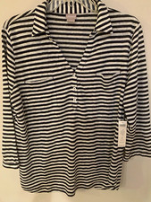 Chico's Black White Stripe Linen Knit CollarButton Top 3/4 Sleeve size 2/L NWT picture