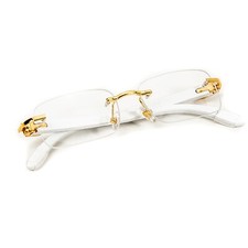 Men's Vintage Gold Frame Rimless Hip Hop White Woodgrain Clear Lens Glasses picture