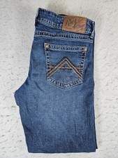 Wrangler Rock 47 Slim Boot Blue Denim Jeans Thick Stitch Men' 33x32 Medium Wash  picture