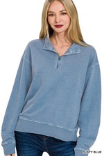 ZENANA DUSTY BLUE FRENCH TERRY PIGMENT DYE & ENZYEM WHSHING HALF ZIP PULLOVER picture