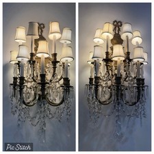 Antique Pair of French Bronze & Crystal Nine Light Wall Sconces Rewired picture