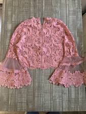 AKIRA Sheer Floral Embroidered Lace Crop Top Jacket Pink Bell Sleeve Size Large picture