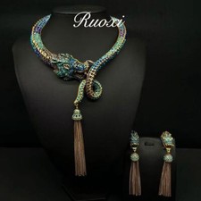 Vintage Dragon Animal Blue Tassel Rhinestone Vintage Earring Necklace Set picture