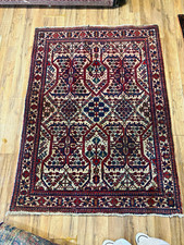 Vintage Tribal Rug 5x 3’6 Qashqai Style Hand Knotted Wool Red Navy Cream picture
