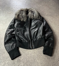 Vintage Japanese Black Leather Bomber Jacket Real Fur Collar Cropped Aviator Y2K picture