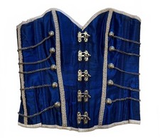Women’s Steampunk Military Inspired Steel Boned Overbust Corset Satin Blue 28 picture