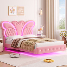 Full Size Bed Frame Pink Butterfly LED Lights Princess Kids Girls Cama Para Niña picture