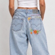 Levis SilverTab Hand Embroidered Baggy Boyfriend Jeans 32 Rips Flowers OOAK Boho picture