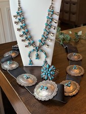 Vintage Stamped Blue Moon Turquoise Squash Blossom Necklace, Cuff, and Belt picture