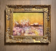Collector Oil Painting Unique Sunset Winter Forest Stream Rural Landscape Art US picture