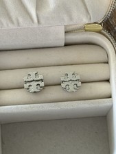 Tory Burch Silver-Tone Logo Stud Earrings with Original Branded Backs picture