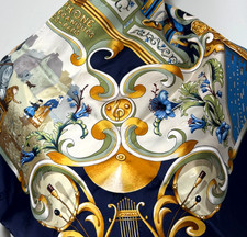 Hermes Scarf w/Box 90 'Orgauphone Et Autres Mecaniques' 100% Jacquard Silk Navy picture