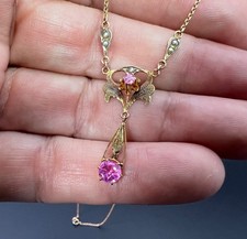 Victorian Art NOUVEAU Lavalier Necklace 10k Gold Pink Stones Seed Pearls picture