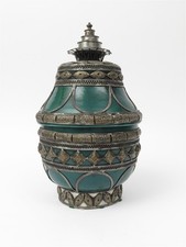 Vintage Moroccan Fez Pottery Covered Jar Green Glaze Nickel Filigree 15.5