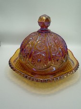 Indiana Glass Heirloom Marigold Carnival Covered Butter Dish Uranium Glow picture