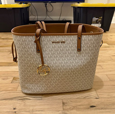 Michael Kors Jet Set Large Logo Tote Beige Brown Gold Hardware w/ Pouch picture