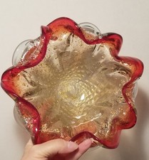 Vintage Murano Barovier Toso Cranberry  Ruffled Edge Art Glass Bowl Gold Flakes picture