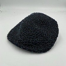 50s VINTAGE Chasnoff Black Iridescent Beaded Pillbox Hat Wool Felt Womens Size S picture