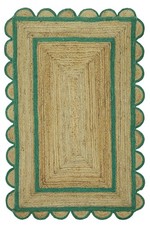 Handmade Beige Jute Rug Green Border Geometric Boho Area Carpet 4x6 ft picture
